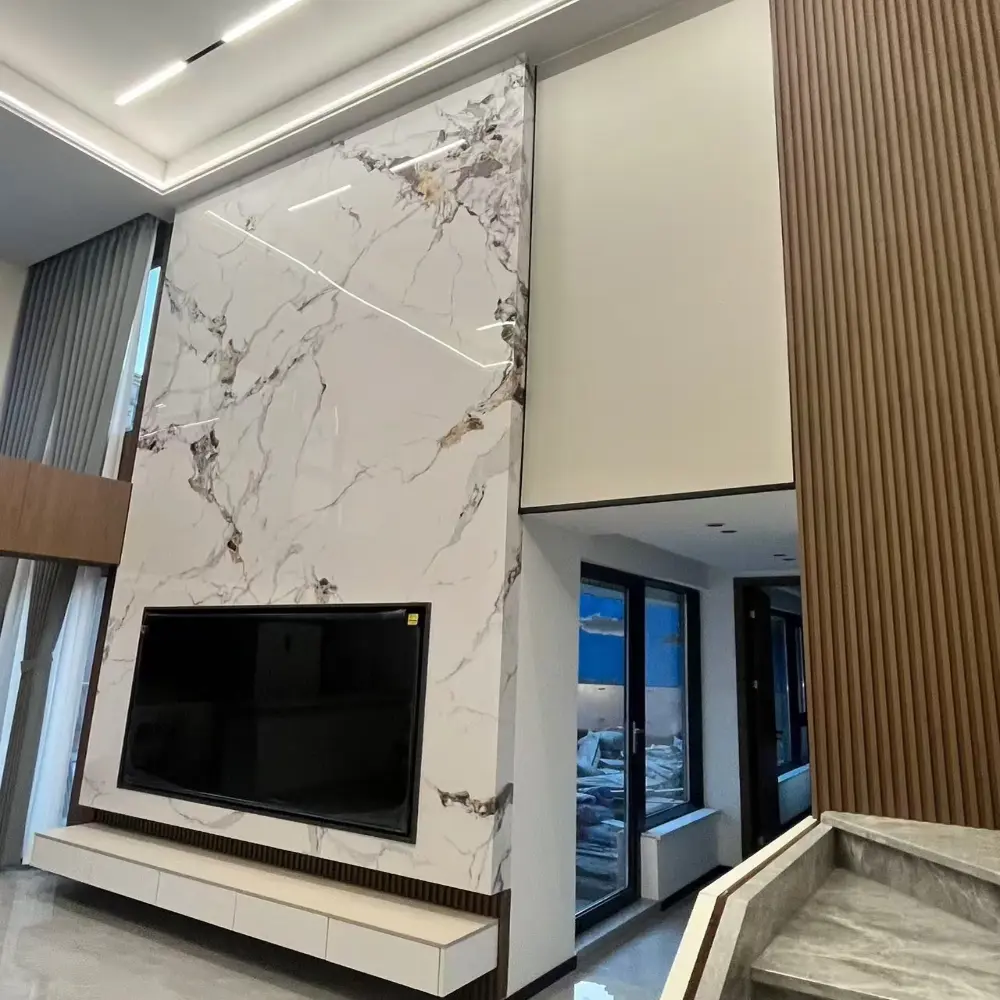 Panel de pared SPC con textura de mármol de alto brillo para fondo de TV.