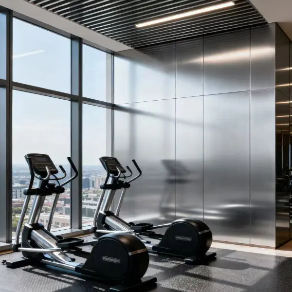 Paneles metálicos para interiores comerciales de alta gama en espacios públicos como gimnasios y showrooms.