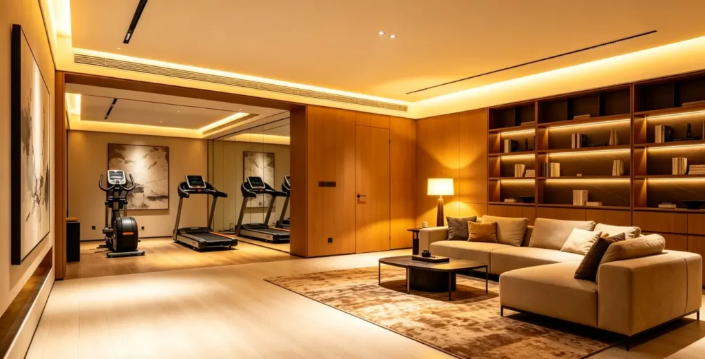 Durable SPC luxury vinyl flooring for a home gym with workout equipment