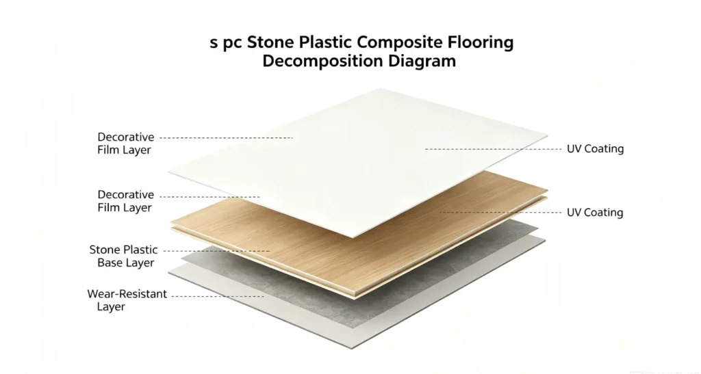 Cross-section diagram of SPC flooring structure showing the stone plastic base layer