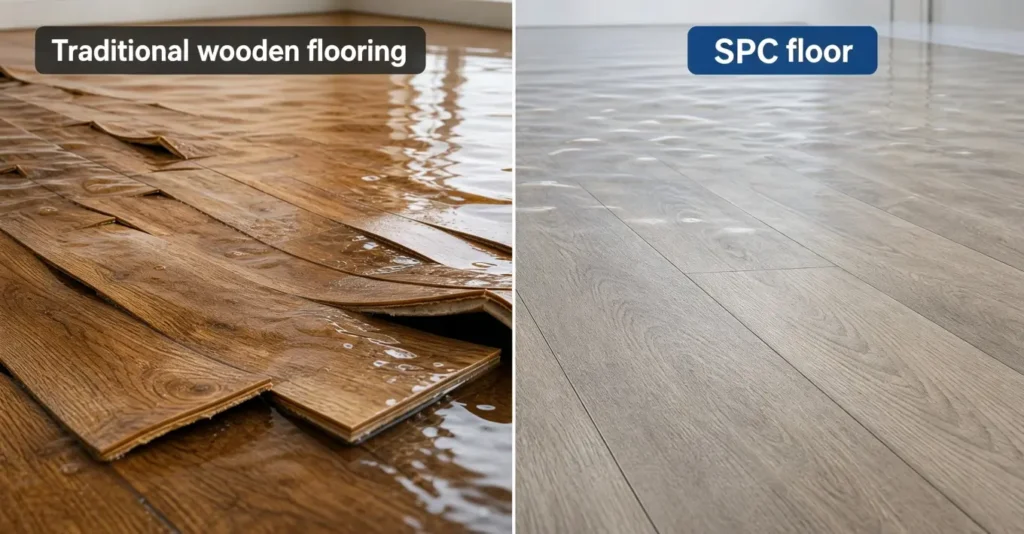 Waterproof test comparison between traditional wooden flooring and SPC floor