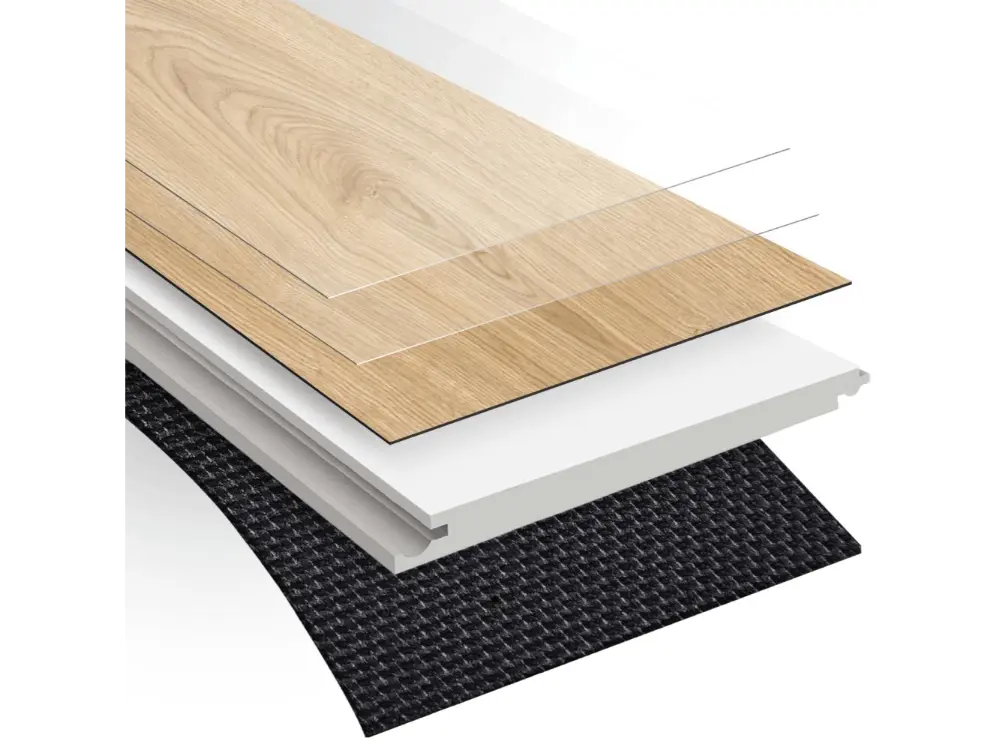 SPC vinyl flooring structure showing the wear layer, decorative film, rigid core and underlayment