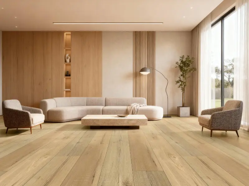 Contemporary living room with natural wood-look SPC flooring